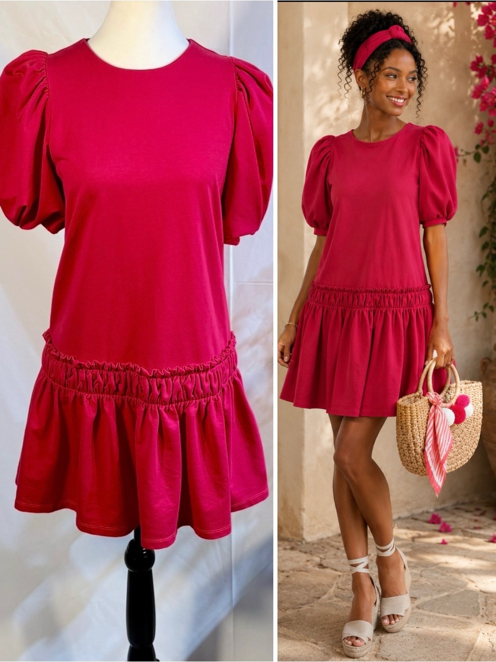 English Factory Sweet Nothings Puff Sleeve Knit Drop Waist Dress Watermelon~S💛